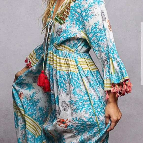 POL / Gorgeous.. Brand New Boho Aqua Print Maxi Dress with Red Tassels - Picture 5 of 6
